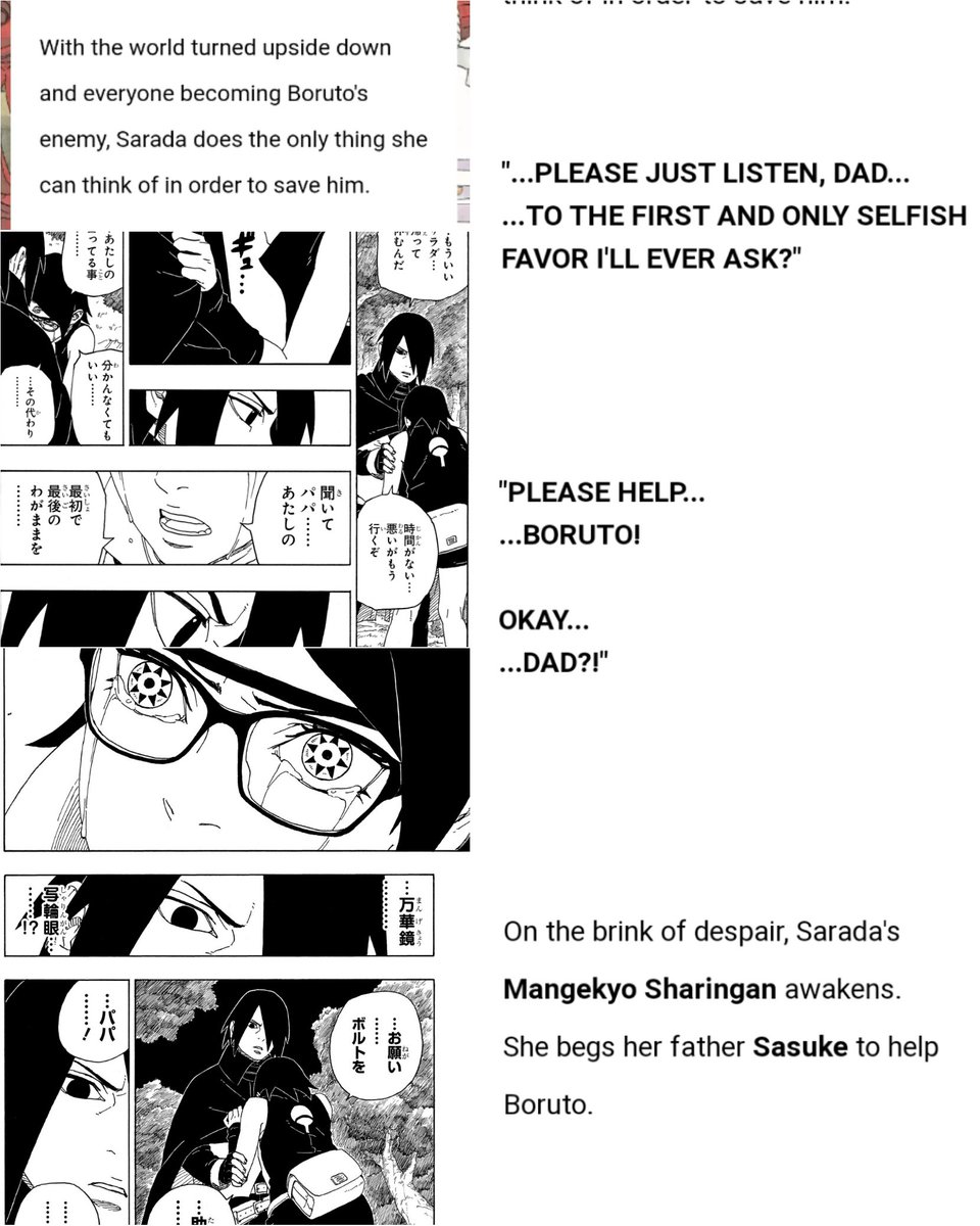 Glad that the official basically just confirmed the real reason Sarada awakens her MS is because she really worried about Boruto and want to help him! If some peope still saying her ms awakens because she heard about 'Naruto's death' then they're just alergic to the fact!