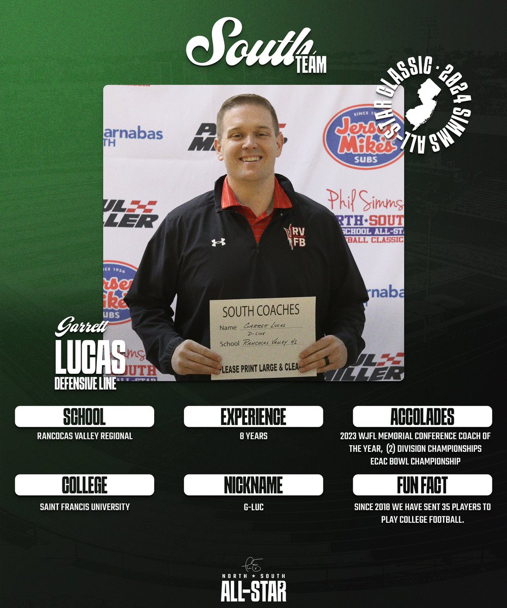 Meet the team: Rancocas Valley Head Coach Garett Lucas is leading the Defensive Line for the South team. The 2023 WJFL Memorial Conference Coach of the Year led Rancocas Valley to an 8-3 record and playoff win last season.