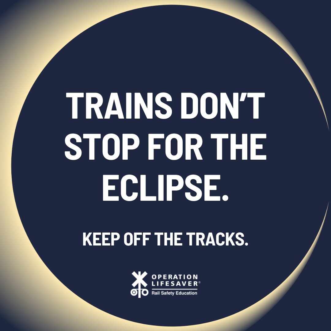 As you observe the #SolarEclipse tomorrow, remember, trains don’t stop for the eclipse. Stay off of railroad tracks and trestles. 
#STOPTrackTragedies
#RailSafetyEducation