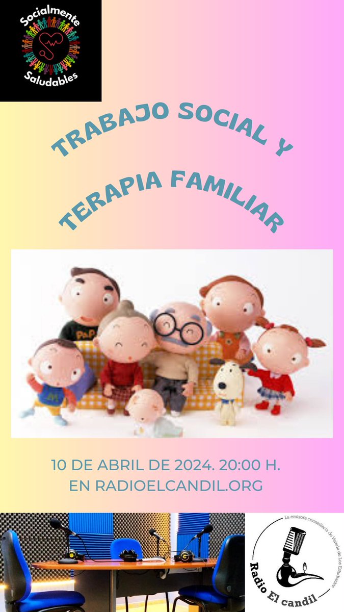 ¡VOLVEMOS!
El próximo miércoles 11 de Abril a las 20h acompañanos en directo en radioelcandil.org/en-vivo el tema sera: TRABAJO SOCIAL Y TERAPIA FAMILIAR 
Un tema que nos llevará seguro a un interesante debate, acompañanos!