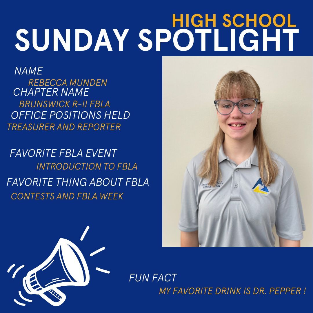Rebecca, from Brunswick FBLA, has been selected for Sunday Spotlight! Congratulations Rebecca 🎉 👏