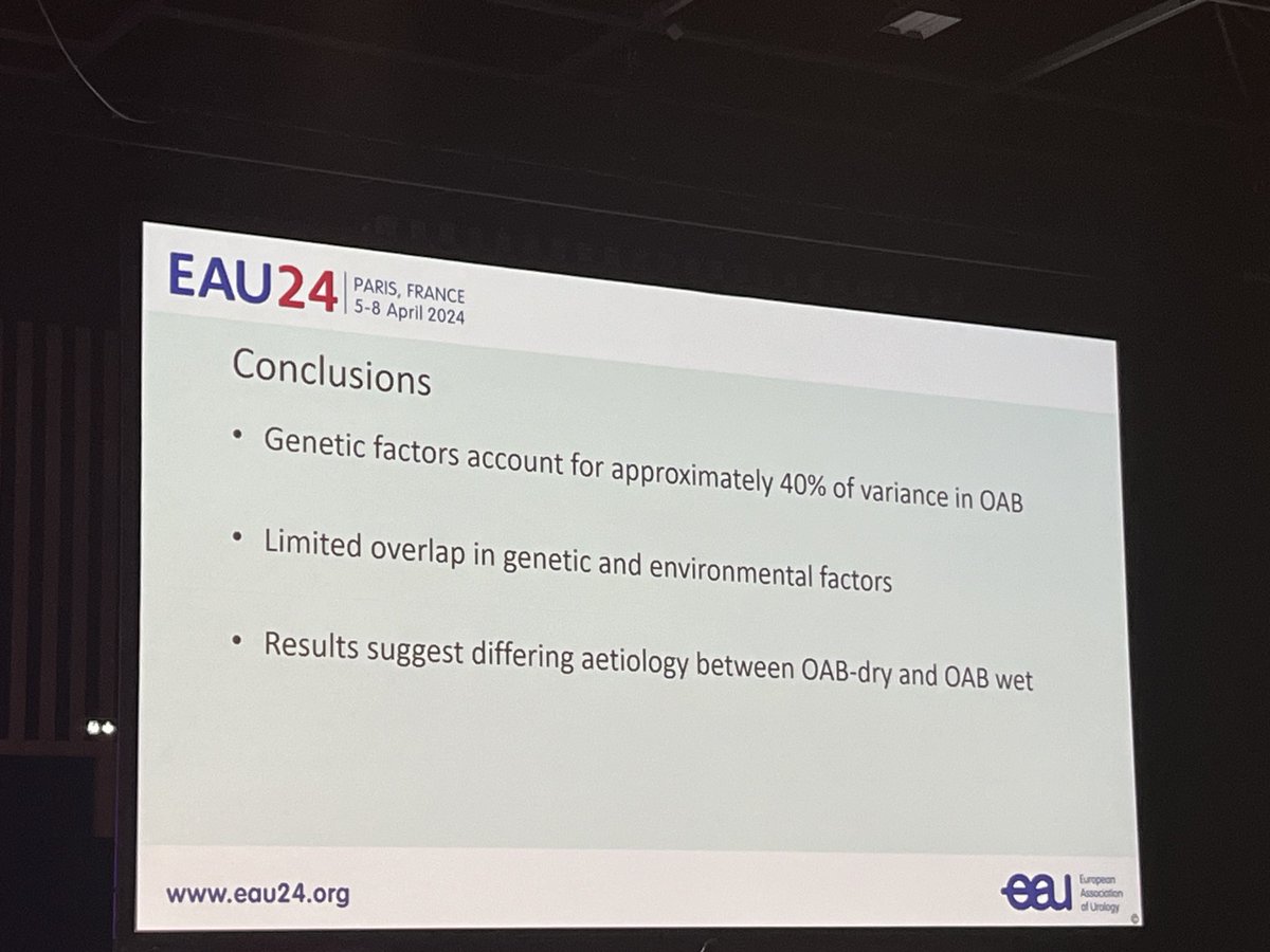 #EAU24 Genetic factors contribute 40% to #overactivebladders in ⁦@TwinsUKres⁩ study ⁦@NicholasRaison⁩ ⁦@sachmalde⁩ ⁦@sonnyurol⁩ ⁦@KingsCollegeLon⁩