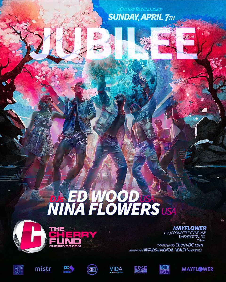 TONIGHT - JUBILEE / dj Ed Wood, dj Nina Flowers / Sunday, April 7, 2024 / 10:00 PM – 2:00 AM / Zebbie’s Garden + Mayflower / 1223 Connecticut Avenue, NW / VIP Passes ($200) / Tickets ($50) / buff.ly/3OFvpFU / #Community #CreatingCommunity #CharityBenefit