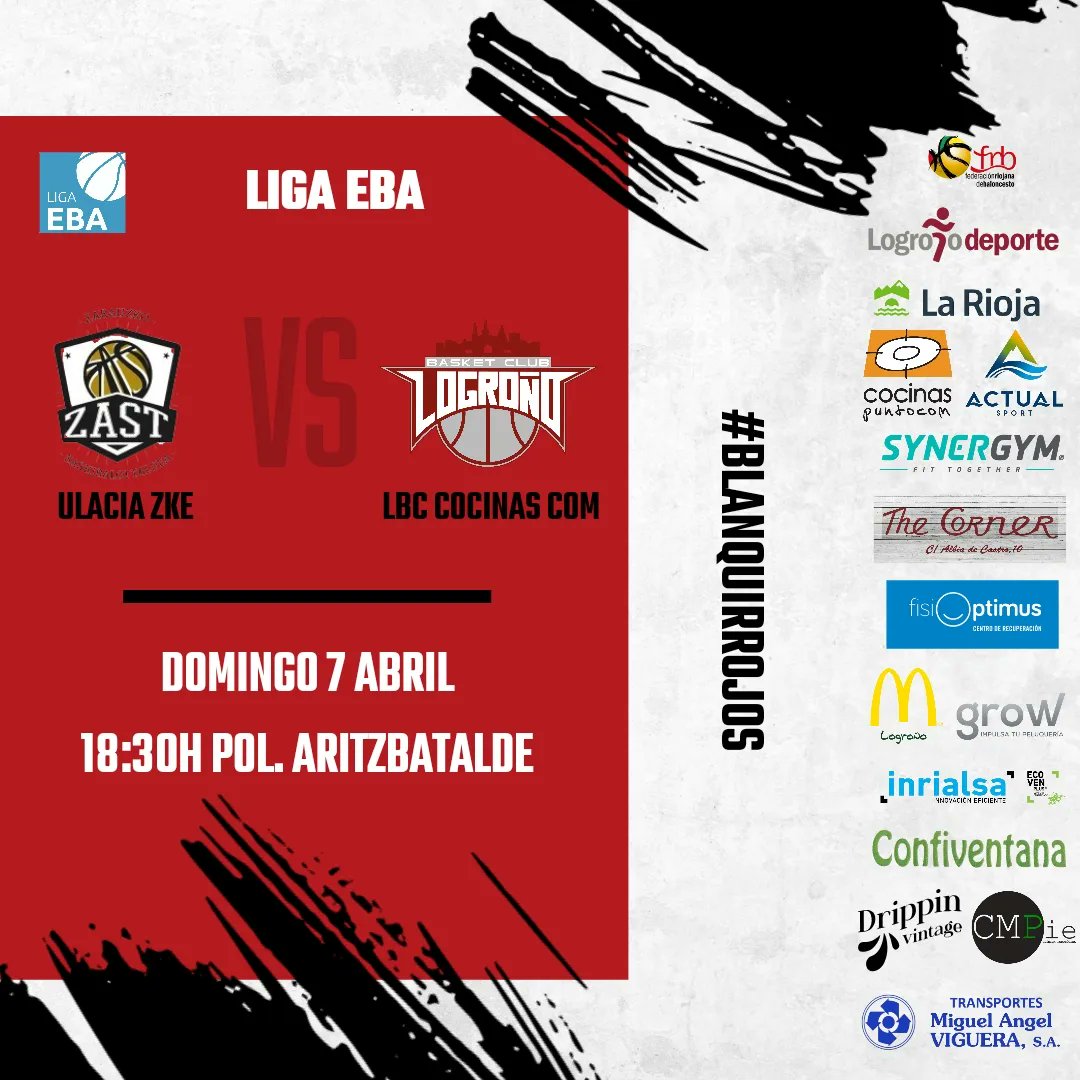 Cerramos el fin de semana con nuestro primer equipo jugando en Zarautz. Los #Blanquirrojos ⚪🔴 vuelven a la competición tras el parón de la semana pasada. LBC @cocinascom 🏆 Liga EBA 🕡 18:30 🆚 @ZAST_Zarautz 📍Pol. Aritzbatalde