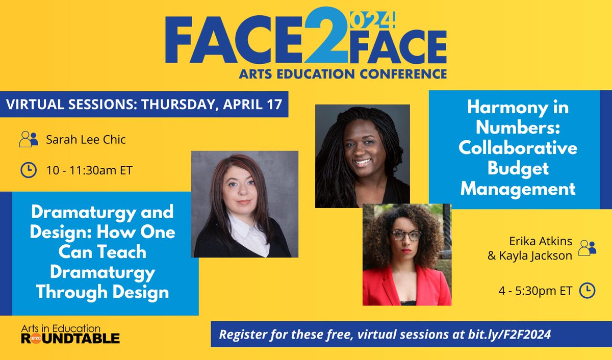 Our fourth and final day of virtual #F2F2024 programming will dive into dramaturgy & design with Sarah Lee Chic, @HudsonCCC, and collaborative budget management with Erika Atkins & Kayla Jackmon, @BSMNY. Remember, all virtual sessions are FREE! More at bit.ly/F2F2024.