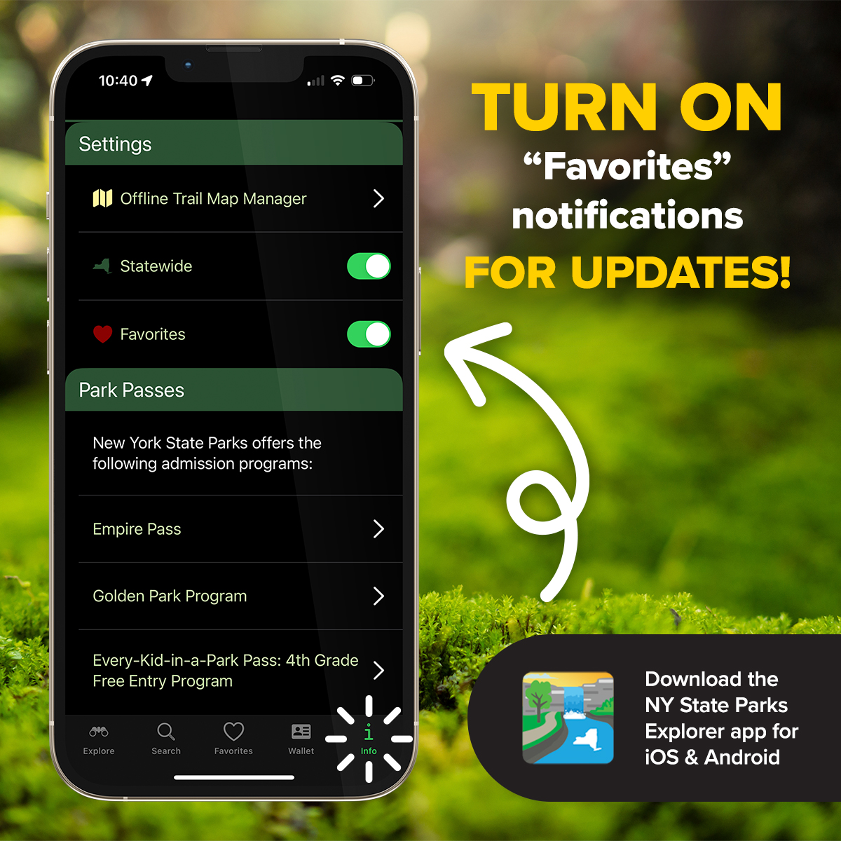 Tomorrow is the big day! To get Eclipse Day updates in real time, download the NY State Parks Explorer App. Favorite the park you'll visit. Then, tap on info ('i') in the lower right corner and toggle “Statewide” and “Favorites” to ON. They should be green to get notifications.