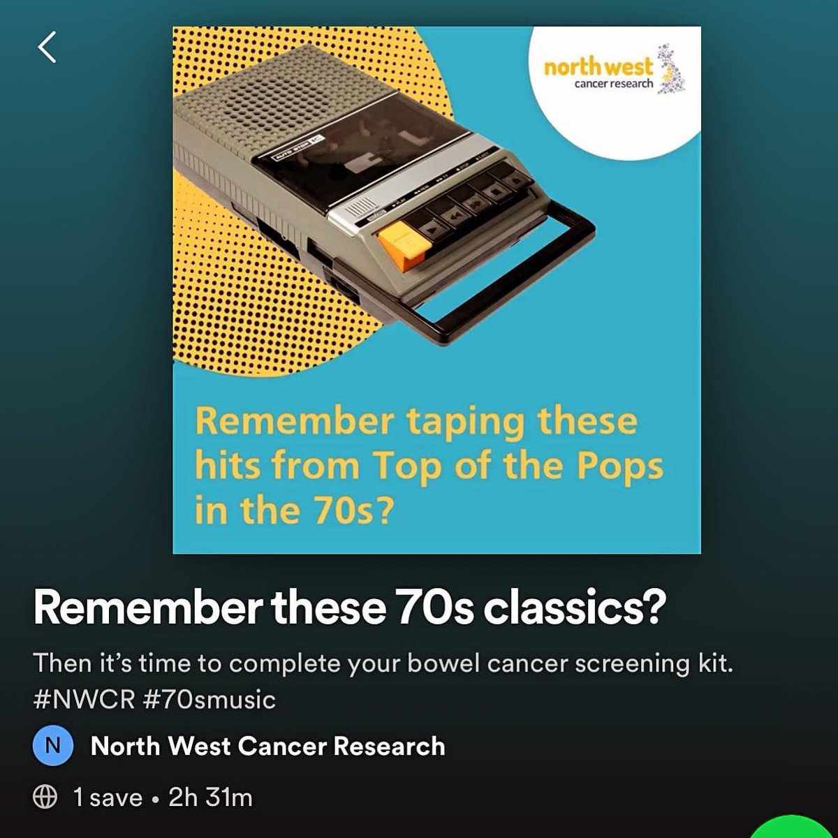 We’ve got the perfect Sunday soundtrack for you… If you remember taping these 70s classics from Top of the Pops, then it’s time to complete your bowel cancer screening kit. open.spotify.com/playlist/1BH8Y… #bowelcancerawarenessmonth #rememberwhen #bowelcancer