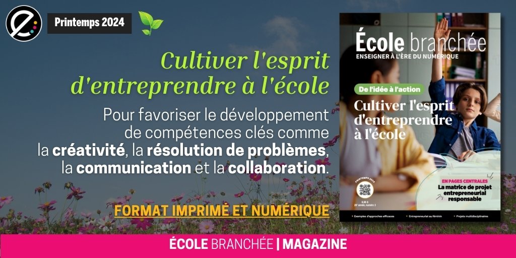 Découvrez, dans l' École branchée, l'éducation entrepreneuriale sous toutes ses coutures : experts, exemples inspirants, pratiques gagnantes, ressources… Dispo pour les abonnés et sur ecolebranchee.com/boutique, imprimé ou numérique, aussi en anglais! 🤩 #ÉducationEntrepreneuriale