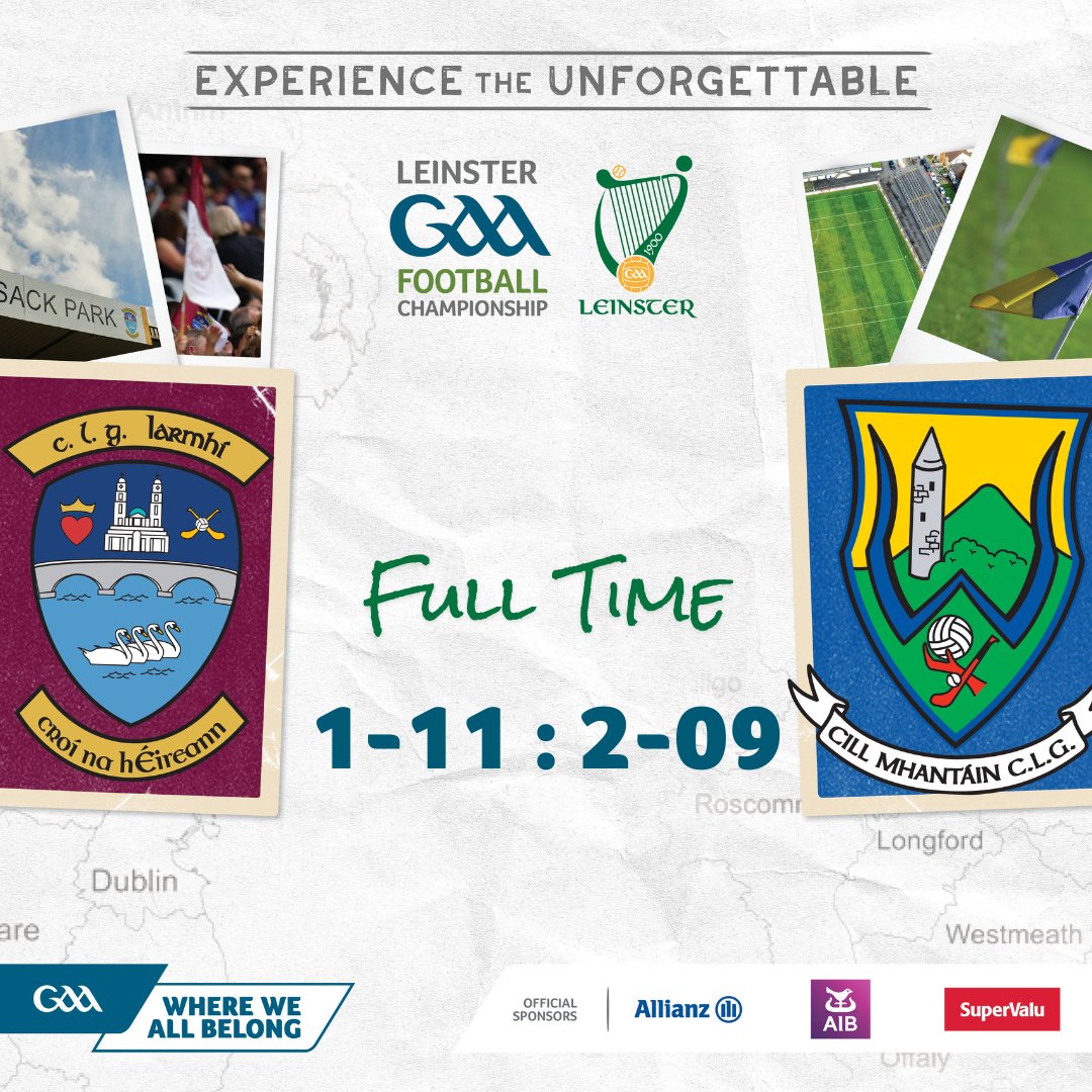 RESULT

From the 2024 Leinster GAA Senior Football Championship Round 1

They have done it! Wicklow have beaten Westmeath and advance to the Quarter Finals

Wicklow                 2-09
Westmeath             1-11

#ExperienceTheUnforgettable @wicklowgaa @westmeath_gaa