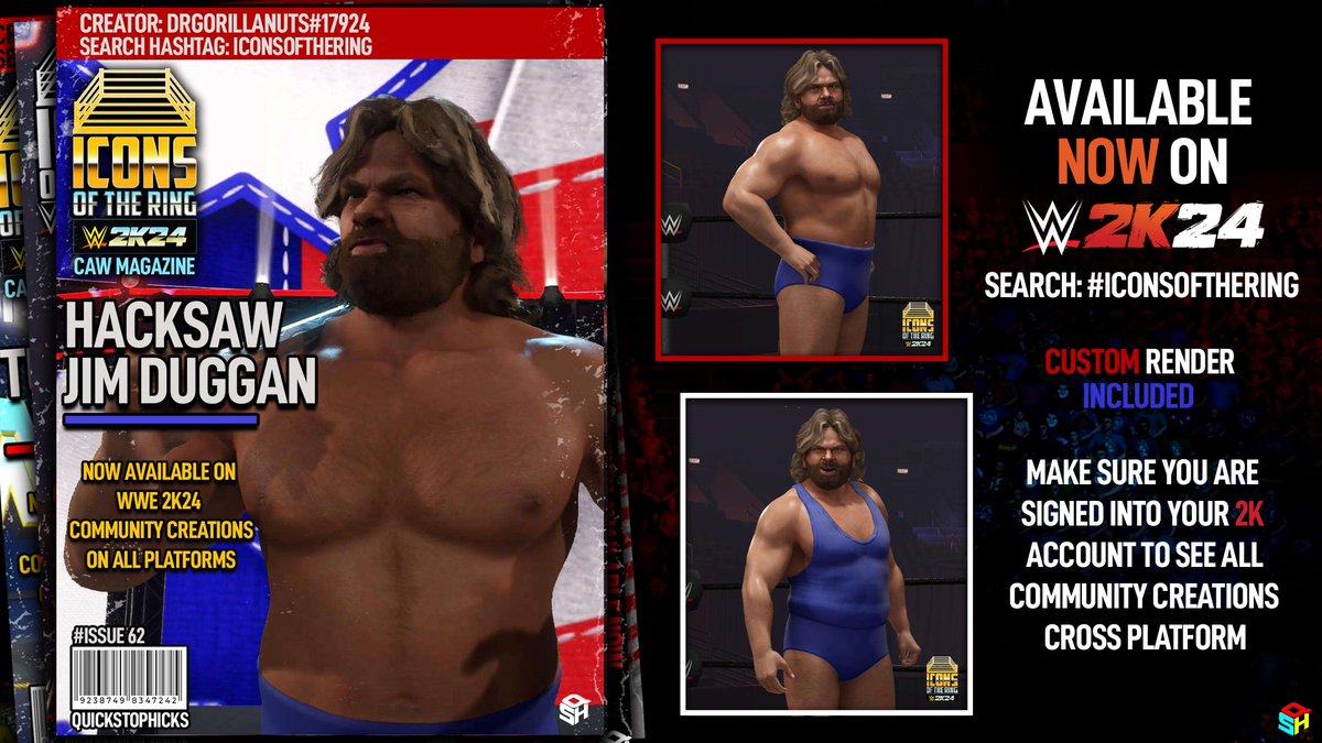 Pick up your copy of #WWE2K24 Icons of the Ring magazine featuring 'Hacksaw' Jim Duggan. Available now! Creator: @DrGorillaNuts Moves: @The_SkyFactor Render: @DW_federation Magazine Cover: @QuickStopHicks Search: #IconsOfTheRing