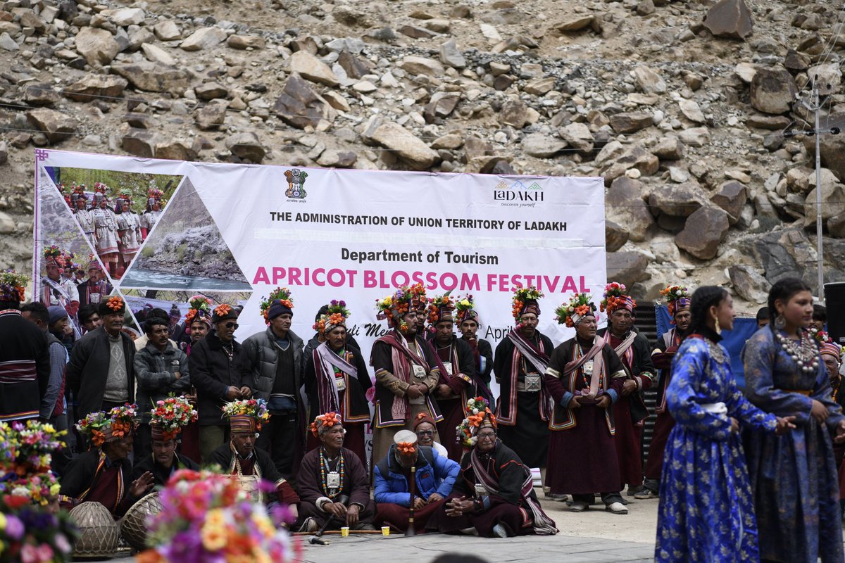 April 7, 2024: Darchik, Kargil. Despite the inclement weather, the cultural performances, the products put on display by artisans, the sumptuous food and the blossoming apricot trees warmed up the second day of #ApricotBlossomFestival 2024 @tourismgoi @incredibleindia