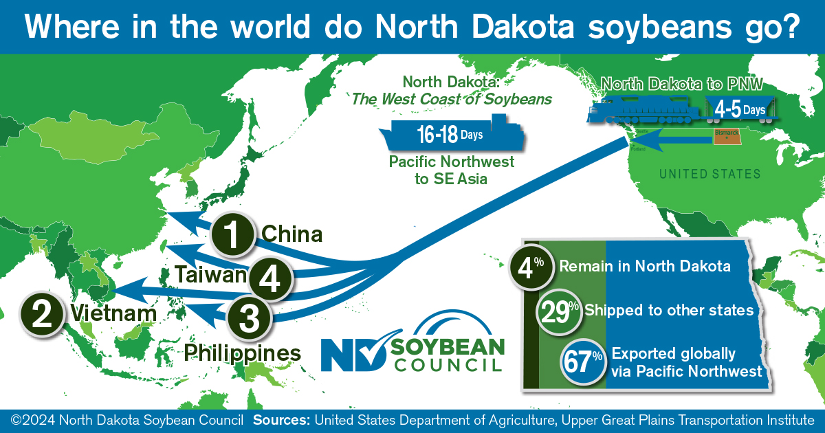 Ever wondered where ND #soybeans go once they leave the farm? 🌏 Check out the map below to learn more about the path ND #soybeans take to their final destinations! 🌱 To learn more and to see other ND #soybean production and export stats, visit bit.ly/NDSCsoystats