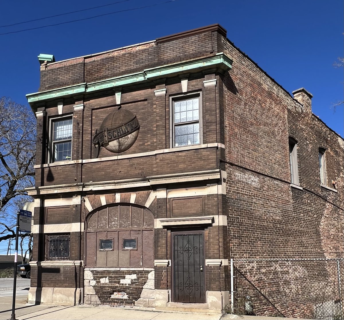 The wonderful Schlitz tied house at 94th and Ewing, Chicago. Note the ghost sign on the south wall.