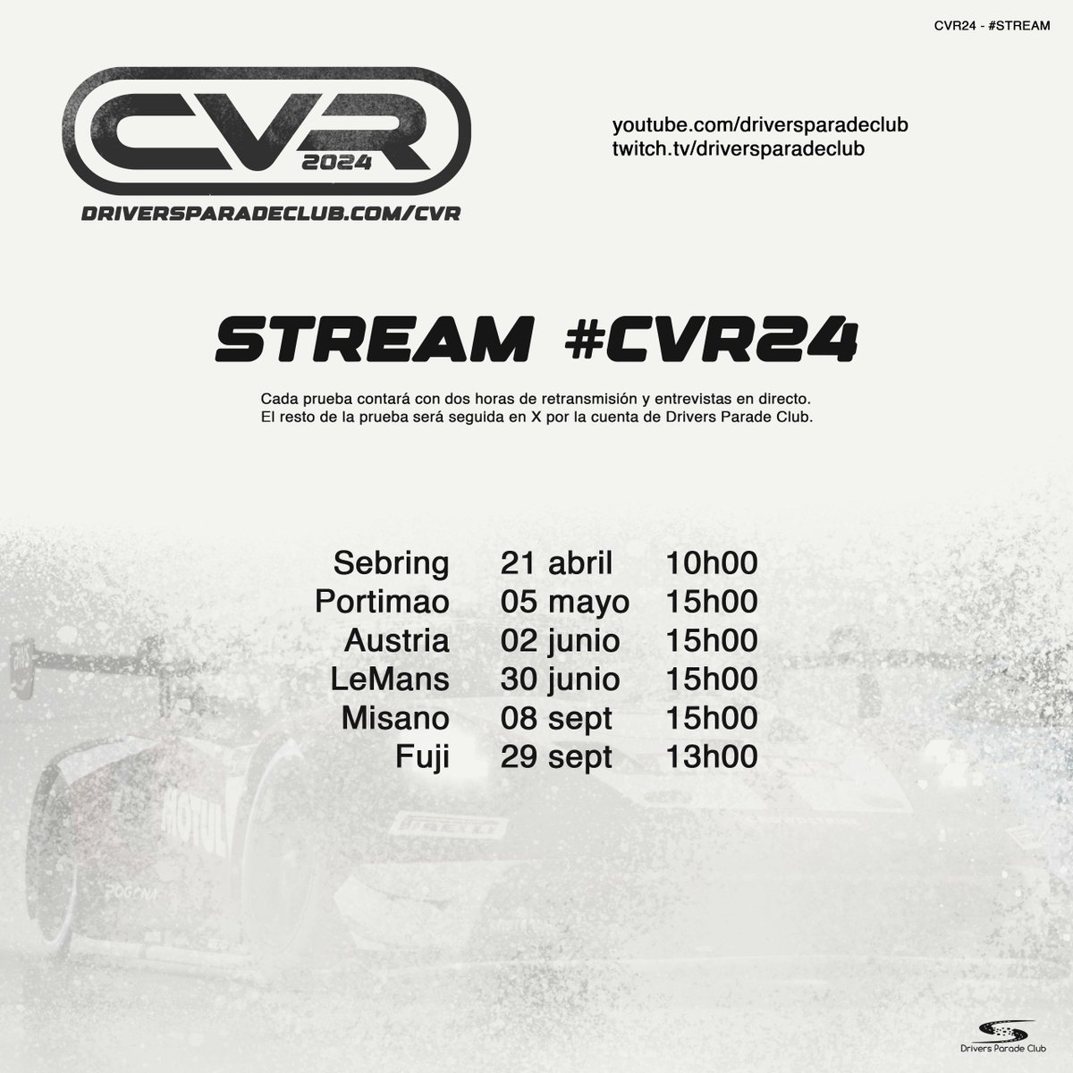 El #CVR24 contará con streaming parcial de cada prueba los domingos. Se emitirán dos horas de cada prueba en twitch y youtube -el resto del seguimiento en X- e invitaremos a participantes y responsables de los equipos a acompañarnos en cabina.