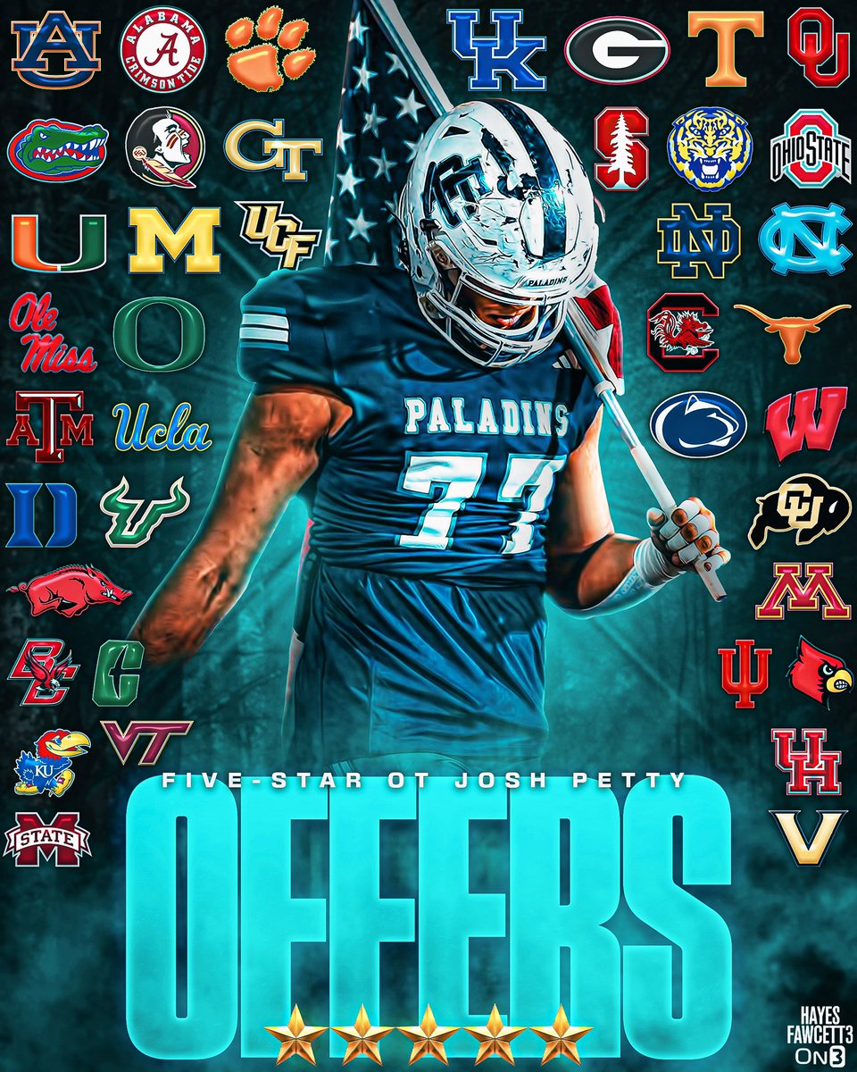Offers on the Table Thus far for Five-Star OT Josh Petty 👀 The 6’5 265 OT from Roswell, GA is ranked as a Top 20 Recruit in the ‘25 Class (per On3) Where Should He Go?👇🏽 on3.com/db/josh-petty-…