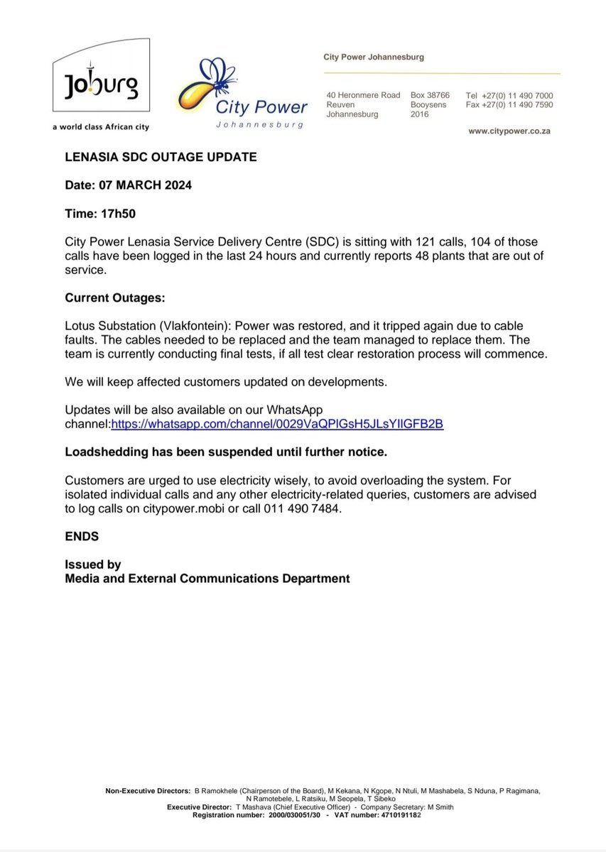 #CityPowerUpdates 
#LenasiaSDC

Kindly find the evening report for Lenasia SDC.

Follow the Lenasia SDC Outage Updates channel on WhatsApp: whatsapp.com/channel/0029Va….^HN