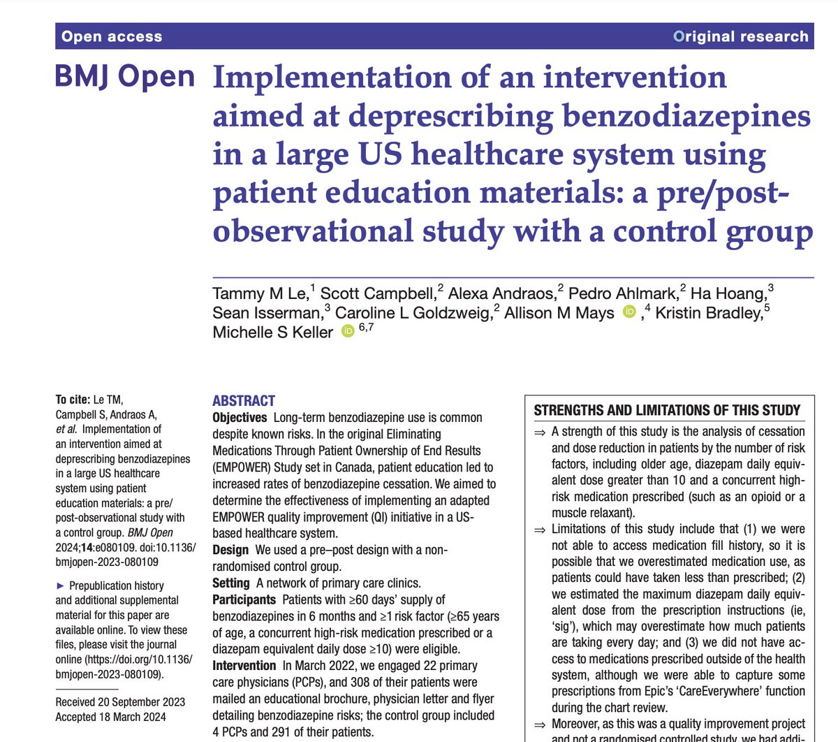 Another example that #benzo #deprescribing is achievable! QI initiative in the US shows intervention based on the EMPOWER tools was more successful versus control in stopping harmful #benzos for sleep: bmjopen.bmj.com/content/14/4/e… Also check out our tools: deprescribing.org/resources/depr…