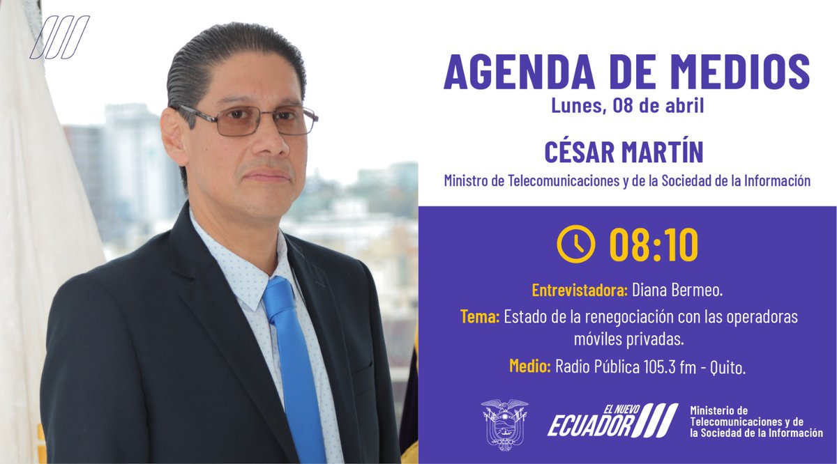 📍 #MintelEnMedios | El Ministro @cesar_martinm dialogará este lunes sobre los avances del proceso de renegociación con las operadoras móviles. 📷📱 Te invitamos a escuchar: 🗓️ Lunes, 08 de abril ⏰ 08:10 💻@PublicaFM 📷 publica.ec #ElNuevoEcuador 🇪🇨