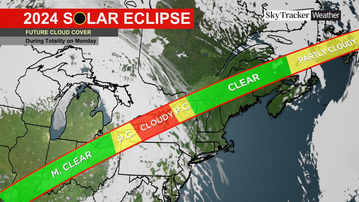 Best viewing of totality in Canada will be across southwest Ontario, most of SW Quebec and all of New Brunswick. There will also be some clearing for parts of Newfoundland. #SolarEclipse2024