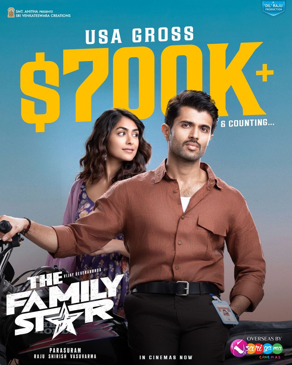 The families have owned #TheFamilyStar as one among them ❤️ USA gross crossed $700K+ mark and racing towards $1M mark 💥 Watch this perfect family entertainer in theatres near you ⭐️ #FamilyStar overseas by ⁦@sarigamacinemas⁩