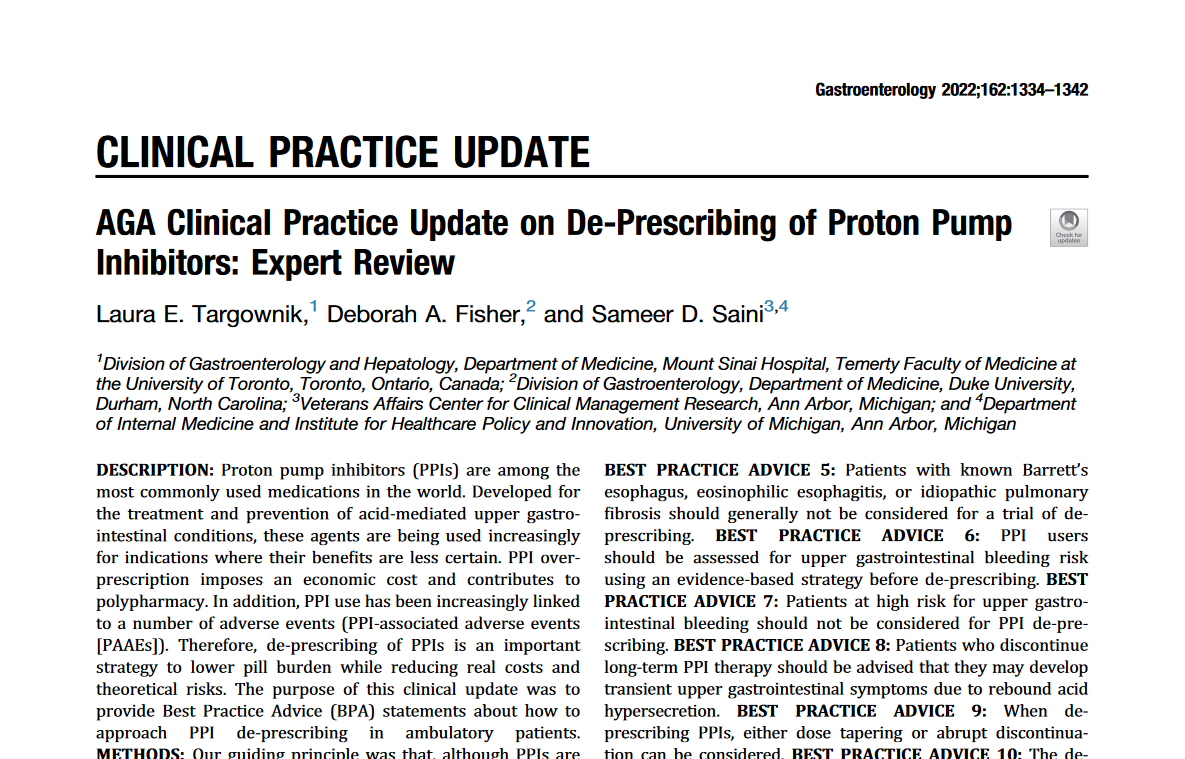 This week's most viewed article: AGA Clinical Practice Update on De-Prescribing of Proton Pump Inhibitors: ow.ly/Wh2350R9yMr By authors from @UofT_DoM, @dukemedicine, and @UM_IHPI #GERD #PPI