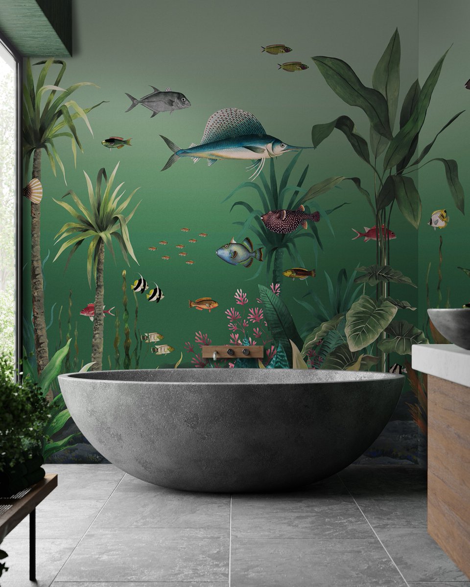 Transform your bathroom into a tropical seascape with our new Techicolour Aquarium Green bespoke mural. 🐠

With four paper substrates to choose from and an easy to use customisation tool, our murals are made to fit your walls exactly. 

#wallpapermural #bathroominspiration