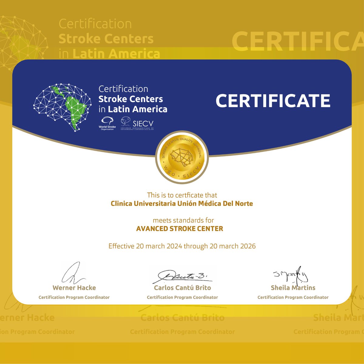 🎉Enhorabuena Clínica Unión Médica recibe acreditación Internacional de World Stroke Organization como Centro Avanzado en el manejo del evento cerebro vascular agudo. 🎉🏥🌍💼🔝🧠 #ClinicaUnionMedica #AcreditacionInternacional #WorldStrokeOrganization
