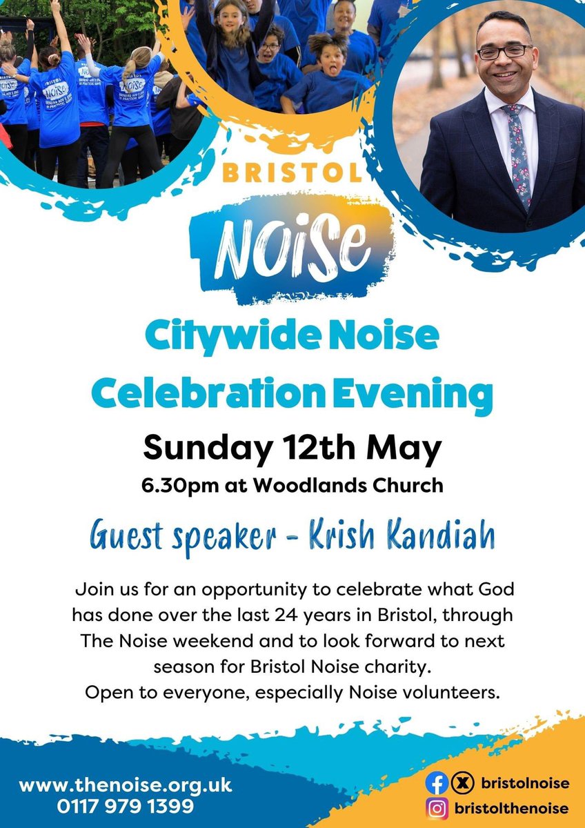 Please put this date in your diary and join us on Sunday 12th May at 6.30pm at @Woodieschurch for our Citywide Noise Celebration Evening with guest speaker, @krishk. An evening to celebrate what has happened over the last 24 years and to look forward to the new season ahead.