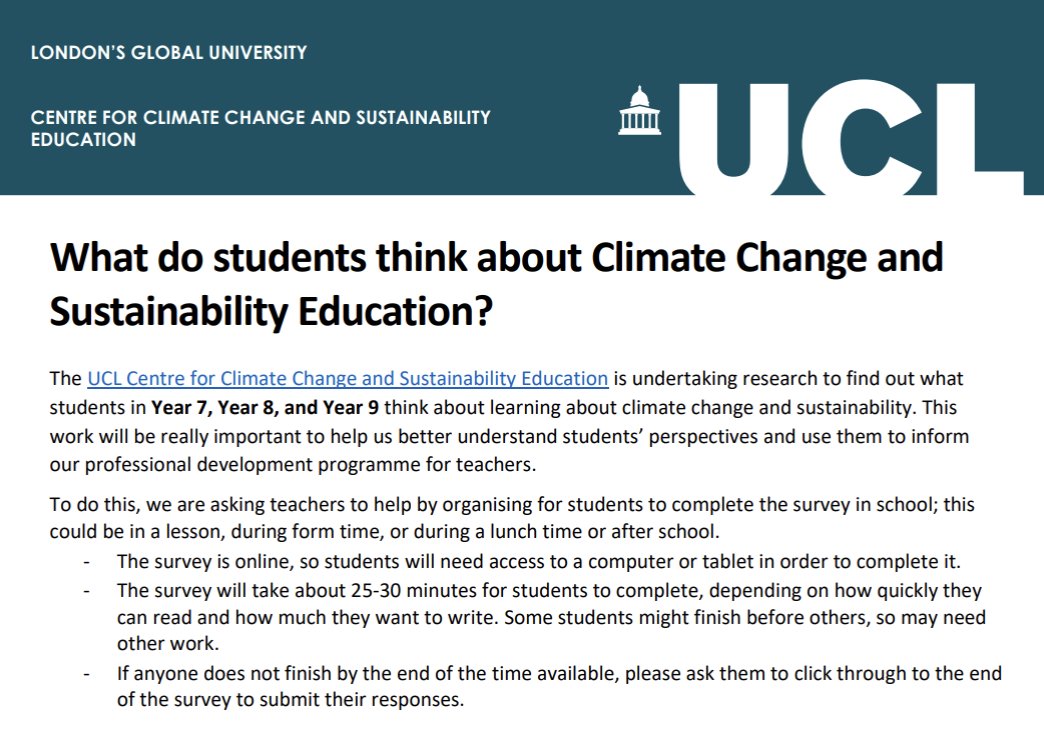 Can you support @UCL_CCCSE find out what Year 7, Year 8, and Year 9 students in England think about climate change and sustainability education? Survey link: qualtrics.ucl.ac.uk/jfe/form/SV_bl… Instructions for teachers: shorturl.at/iwAG5