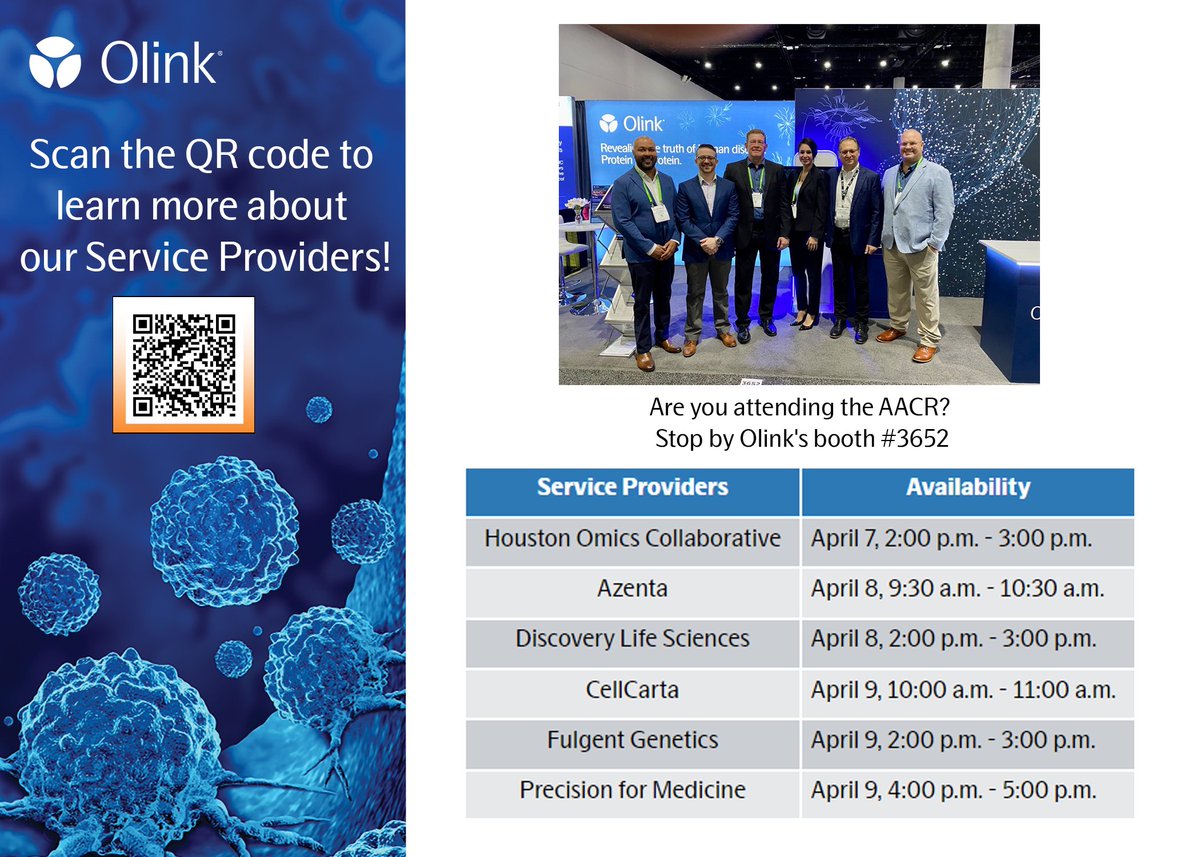 Discover the significance of proteomics in research! Visit Olink’s booth #3652 to meet with our Service Providers at #AACR24 to explore our proteomic platform revolutionizing personalized medicine and cancer biology.

 #oncology #biomarkers