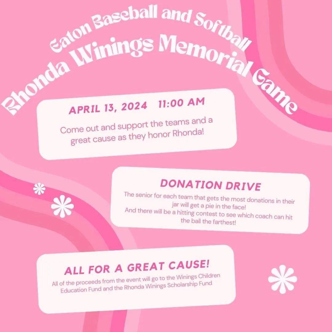 This Saturday Eaton Baseball and Eaton Softball will be hosting the Rhonda Winings Memorial Pink Game!  Please come out and cheer the teams on and support a great cause! 🩷💜💛