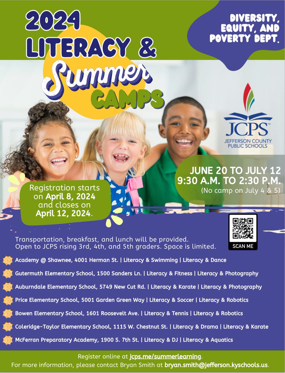 JCPS Diversity, Equity, and Poverty Department (@jcpsdep1) on Twitter photo We are excited to announce our lineup of 2024 “Literacy &” Summer Camps!
Registration opens tomorrow April 8 and closes April 12.
Register online at jcps.me/summerlearning.
For more information, please contact Bryan Smith at bryan.smith@jefferson.kyschools.us. We are excited to announce our lineup of 2024 “Literacy &” Summer Camps!
Registration opens tomorrow April 8 and closes April 12.
Register online at jcps.me/summerlearning.
For more information, please contact Bryan Smith at bryan.smith@jefferson.kyschools.us.