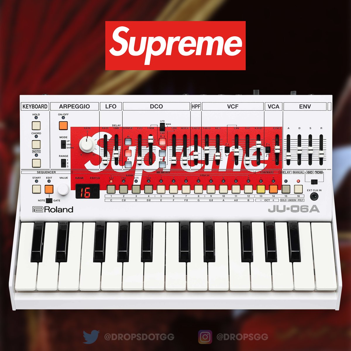Supreme/Roland JU-06A Synthesizer & TR-08 Rhythm Composer are set to release this week 🎹🔥

Details:

Synthesizer -  Compact, portable synth module based on archival JUNO-60 and JUNO-106 synthesizers. 17 dedicated sliders and 16-step sequencer. Built-in K-25m keyboard unit and…