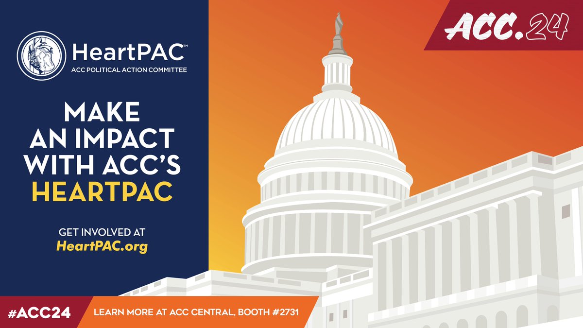 Looking for ways to get involved in #ACCAdvocacy? Check out the #HeartPAC Lounge in the Lounge & Learn Pavilion at #ACC24 to meet w/ advocacy staff and learn more about the College's #HealthPolicy priorities and how to make an impact w/ ACC's HeartPAC. bit.ly/3PJcn3l