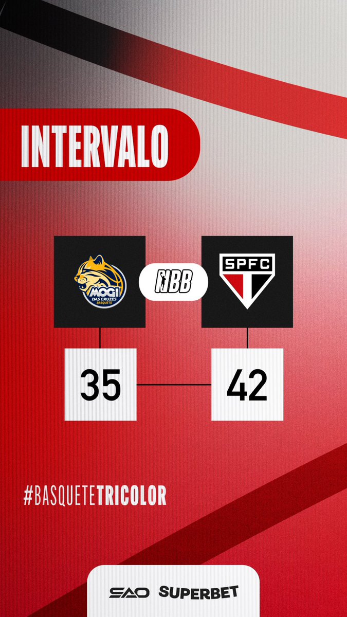 NBB: Fim do primeiro tempo: Mogi 35 x 42 São Paulo >> Destaques - Bennett (15 pontos, 1 rebote e 2 assistências) - Ansaloni (8 pontos e 4 rebotes) - Miller (8 pontos, 1 rebote e 2 assistências) 📺 Basquetpass #BasqueteTricolor #VamosSãoPaulo 🇾🇪