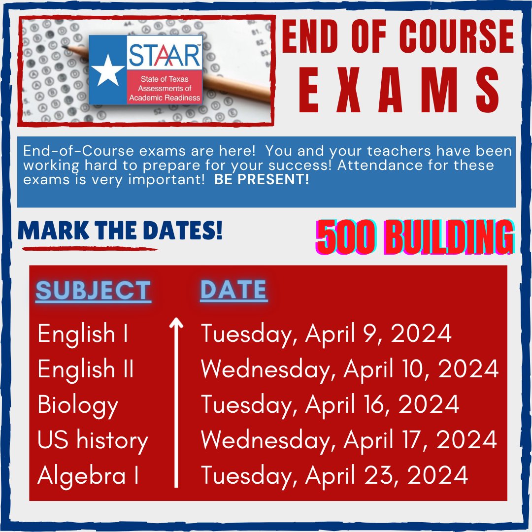 STAAR testing is here! Attendance is important as passing exams is a graduation requirement. Remember to: ✅️ Be on time ⏰️ ✅️ Bring your Chromebooks fully charged 💻 ✅️ Recharge yourself with a good night's sleep ✅️ Take your time on all exams ✅️ DO YOUR BEST 🌟