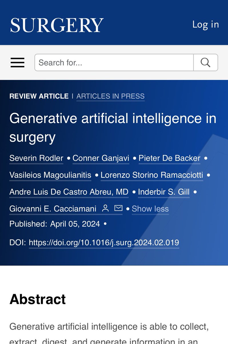 Thanks @SWexner and the amazing @SurgJournal team for partnering with us in this publication on potential applications of #GAI in surgery @RodlerSeverin @lorenzormc @pidebacker @ConnerGanjavi @ALDCAbreu @Urology_AI @USC_Urology