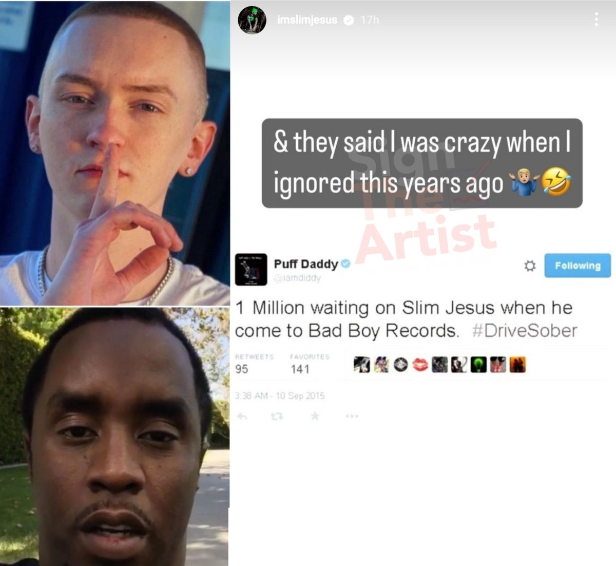 SignTheArtist's tweet image. Slim Jesus reflects on Diddy offering him $1M to sign to ‘Bad Boy’ records