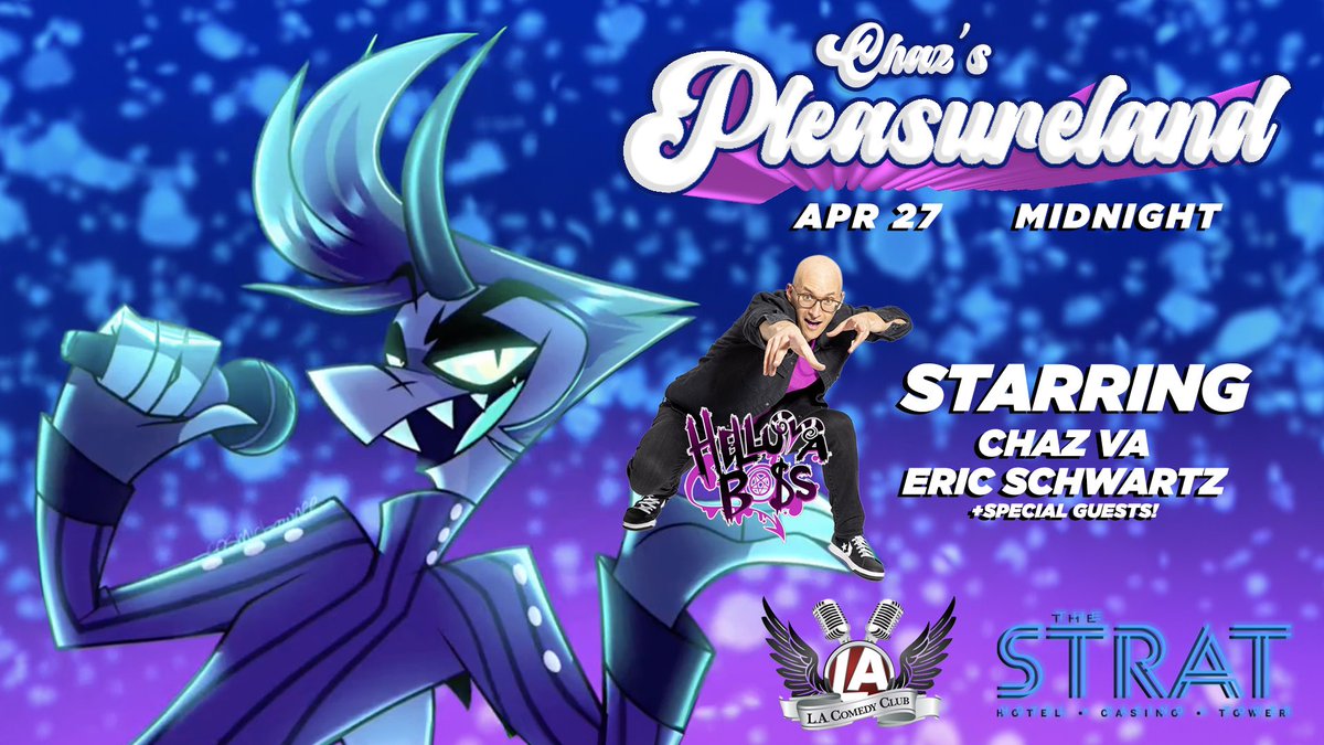 “What is up, party people?!”
🦈
The Chazmatazz takes over #LVLUP with the debut of #ChazsPleasureland at the @stratvegas Saturday night, Apr 27 at midnight. Spread the word!

Tix: lasvegaslacomedyclub.thundertix.com/orders/new?per…

#LVLUP24 #HelluvaBoss #helluvabosschaz

Art: @_cosmicbrownee_