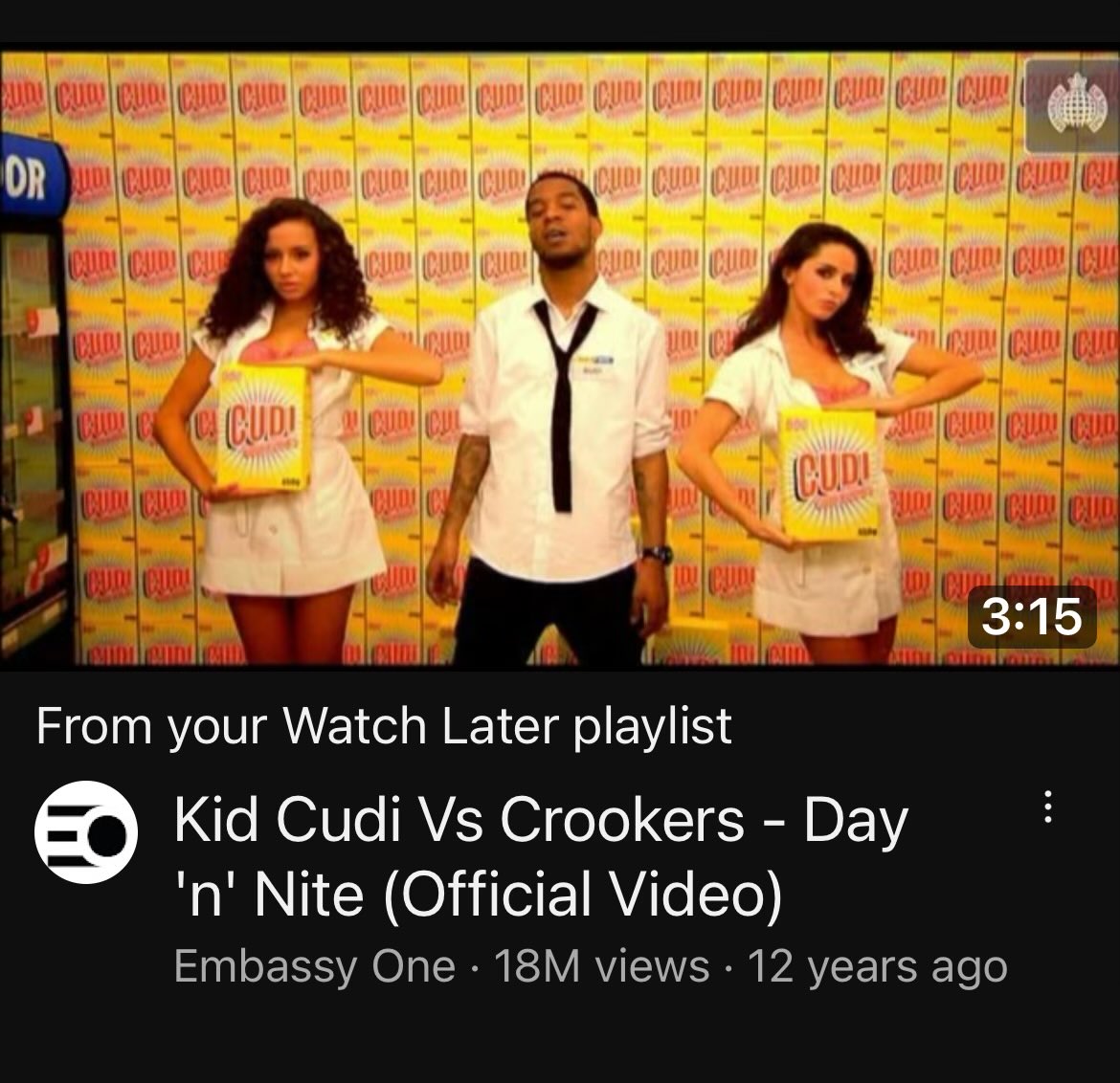 why do i have this in my watch later. did i think i was going to lose it. was i going to refer to it in an argument. was i scared of forgetting the youtube dot com link to day ‘n’ nite by kid cudi vs crookers.