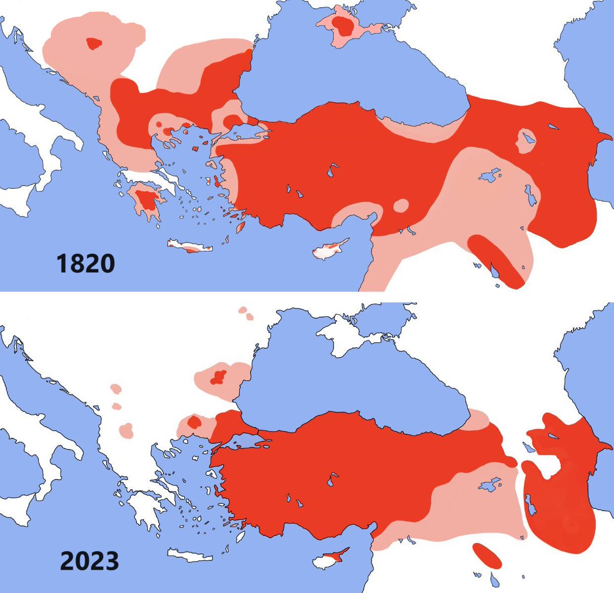 1820 ve 2023'te Türk popülasyonu.