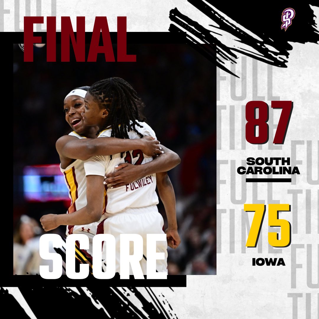 South Carolina caps off their PERFECT season with a win against Iowa in the National Championship game! Tessa Johnson 19 PTS Kamilla Cardoso 15 PTS 17 REB 3 BLK Te-Hina Paopao 14 PTS Chloe Kitts 11 PTS 10 REB