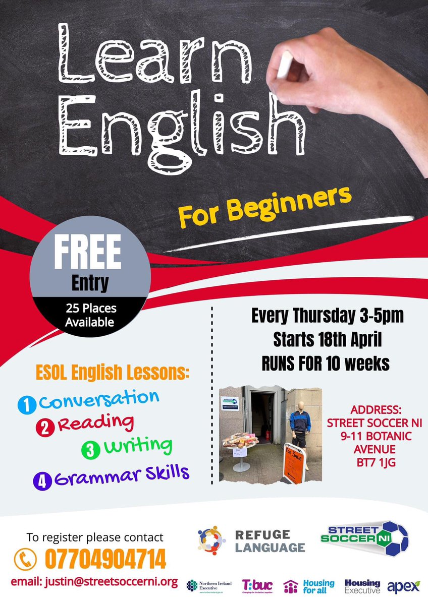 StreetSoccer will be running English Classes for Beginners for the second time this year. Starting Thursday 18th April at our office on Botanic Avenue. It will run for 10 weeks, finishing end of June. Please spread around. 😊👍
