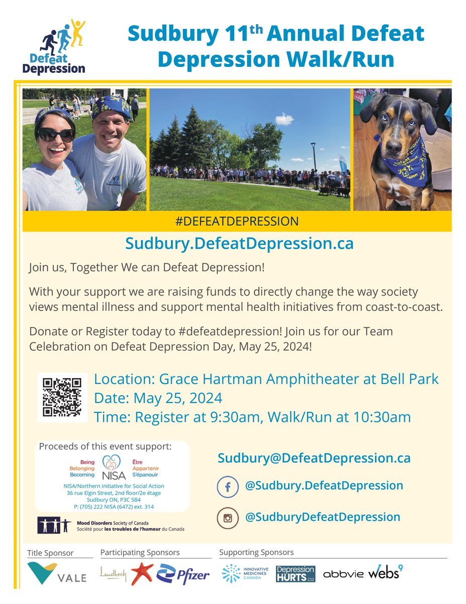 The Defeat Depression campaign is underway in Sudbury! May 9th there's a Boston Pizza dinner with 10% of the meal going to the fundraiser, & a trivia night on the bar side (tickets $20). Come alone or in a team of up to 6! Tickets available at NISA (sudbury@defeatdepression.ca)