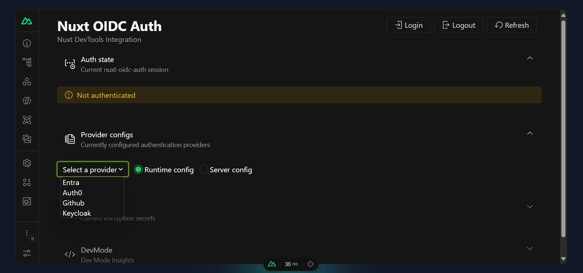 Nuxt OIDC Auth v0.11 is out 🌟 ➡️ Native integration in Nuxt devtools 🎉 ➡️ Extended provider expiration check ➡️ Extended JWT signing in dev mode ➡️ New composable Thanks @antfu7 for the excellent devtools starter template and UI kit components! 👇👇 github.com/itpropro/nuxt-…