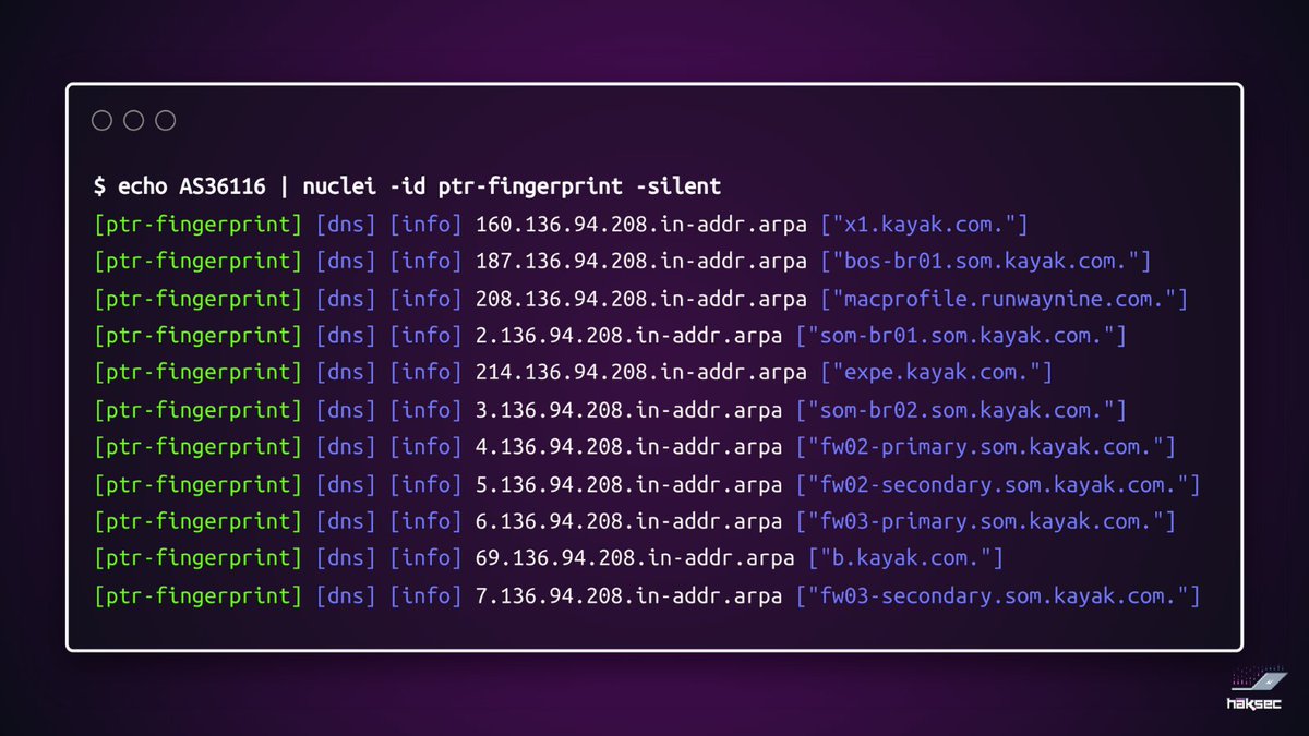 Using Nuclei to identify hostnames associated with an ASN using the PTR fingerprinting template! echo <ASN> | nuclei -id ptr-fingerprint Use this to help you map a target's network structure and identify potential targets for further testing. By:@haksecio #bugbountytips