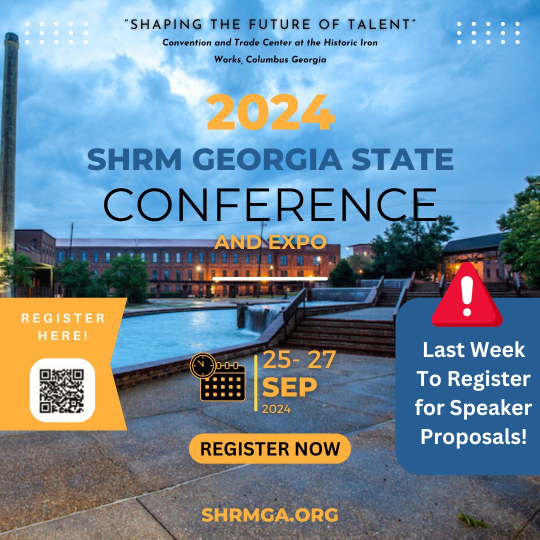 Calling all HR pros! Register before it's too late! Join us at the SHRM Georgia State Council Annual Conference & Expo as a speaker! Share your expertise, network, and inspire others. Visit shrmgeorgia.org or email gashrmconference@gmail.com for more information!
