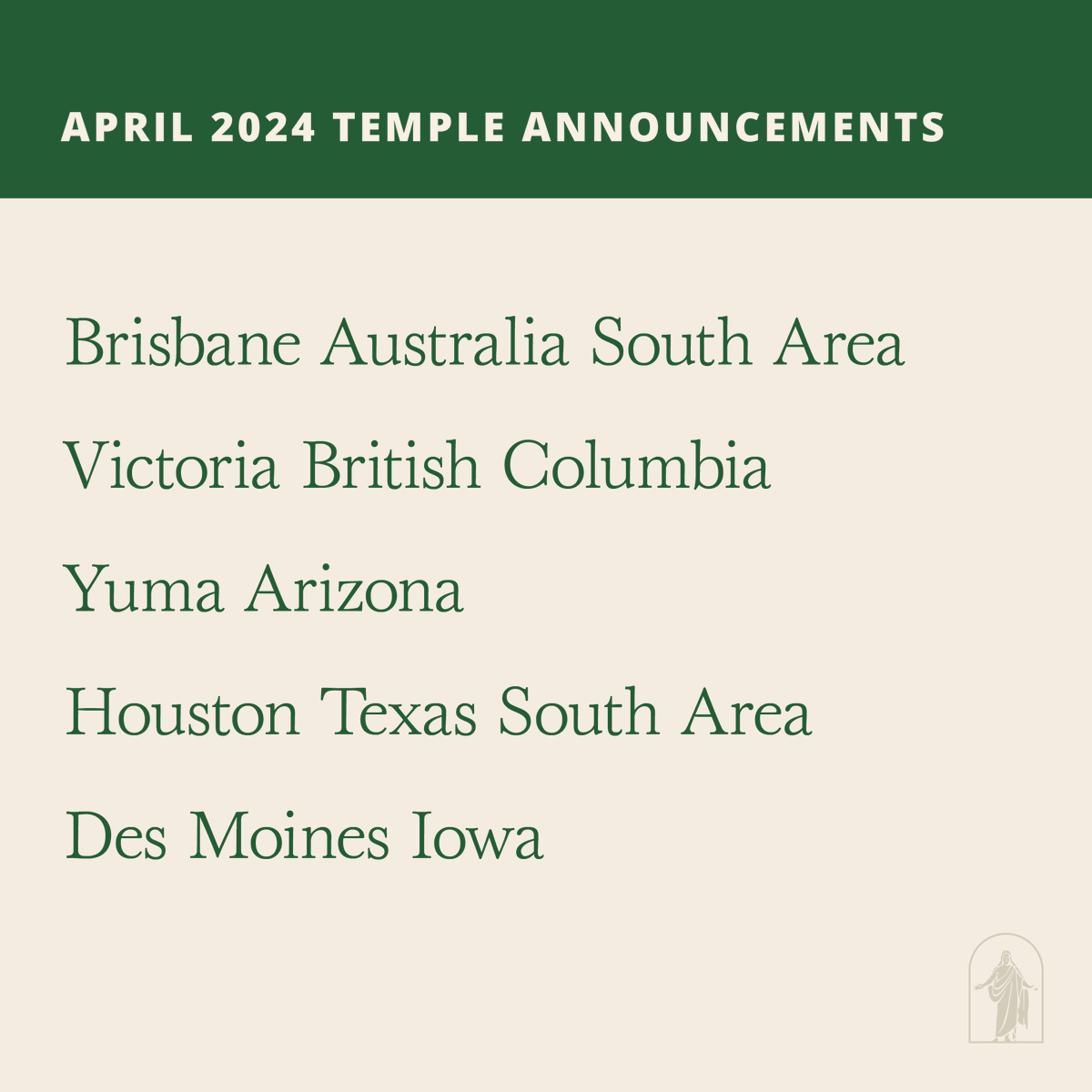 Ch_JesusChrist's tweet photo. In concluding the Sunday afternoon and final session of the April 2024 general conference, Church President @NelsonRussellM  announced 15 new temples to be built around the world.

He said, “Here is my promise. Nothing will help you more to hold fast to the iron rod than worshipping in the temple as regularly as your circumstances permit. Nothing will protect you more as you encounter the world’s mists of darkness. Nothing will bolster your testimony of the Lord Jesus Christ and His Atonement or help you understand God’s magnificent plan more. Nothing will soothe your spirit more during times of pain. Nothing will open the heavens more. Nothing! The temple is the gateway to the greatest blessings God has for each of us.”

Latter-day Saints consider temples to be the house of the Lord and the most sacred places of worship on the earth. The primary purpose of temples is for faithful members of the Church to receive peace, inspiration, and spiritual power as they enter into sacred agreements with God in His holy house.

Learn more here: https://t.co/ipSM5nSLXb
