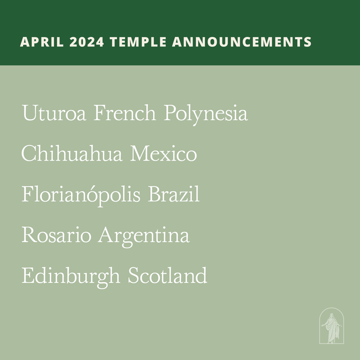Ch_JesusChrist's tweet photo. In concluding the Sunday afternoon and final session of the April 2024 general conference, Church President @NelsonRussellM  announced 15 new temples to be built around the world.

He said, “Here is my promise. Nothing will help you more to hold fast to the iron rod than worshipping in the temple as regularly as your circumstances permit. Nothing will protect you more as you encounter the world’s mists of darkness. Nothing will bolster your testimony of the Lord Jesus Christ and His Atonement or help you understand God’s magnificent plan more. Nothing will soothe your spirit more during times of pain. Nothing will open the heavens more. Nothing! The temple is the gateway to the greatest blessings God has for each of us.”

Latter-day Saints consider temples to be the house of the Lord and the most sacred places of worship on the earth. The primary purpose of temples is for faithful members of the Church to receive peace, inspiration, and spiritual power as they enter into sacred agreements with God in His holy house.

Learn more here: https://t.co/ipSM5nSLXb