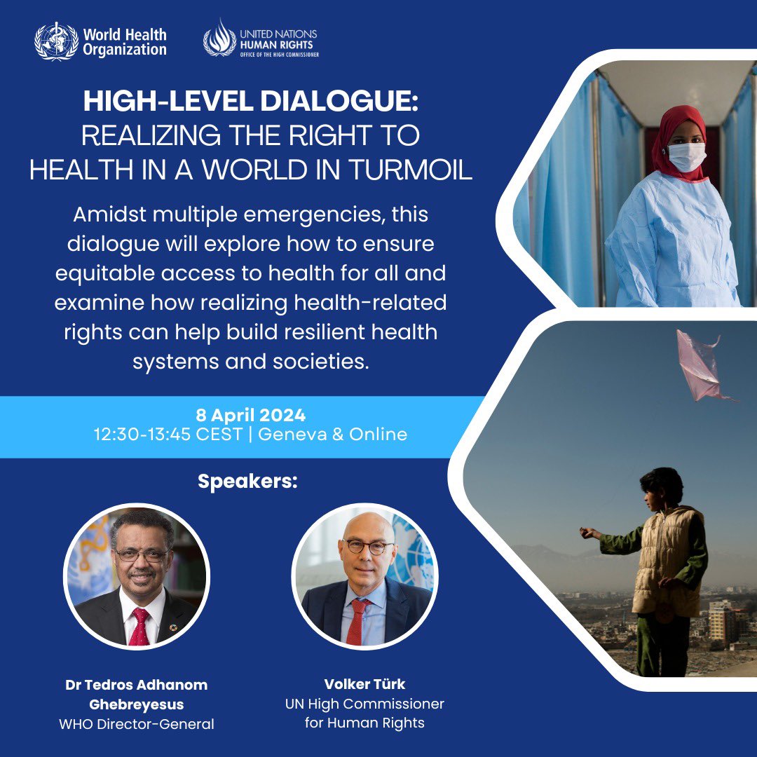 To keep up the #MyHealthMyRight momentum, I look forward to hosting High Commissioner @volker_turk tomorrow for an open dialogue on how to realize the right to health in a world in turmoil. Tune in at @WHO's X channel, at 12:30 CEST. #WorldHealthDay